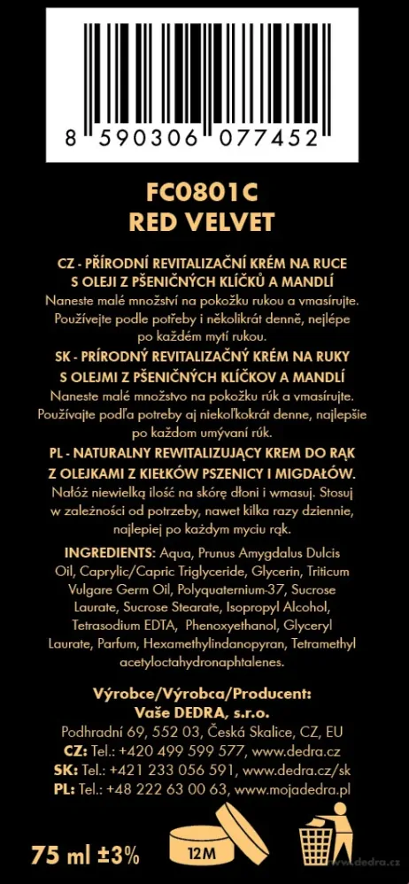 DEDRA Přírodní krém na ruce, RED VELVET, 75 ml