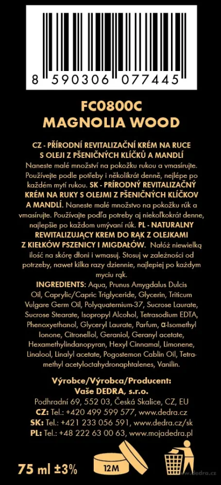 DEDRA Přírodní krém na ruce, MAGNOLIA WOOD, 75 ml
