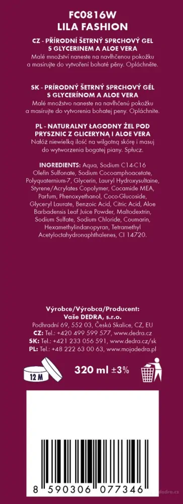 DEDRA Přírodní sprchový gel s glycerinem a Aloe vera, LILA FASHION, 320 ml