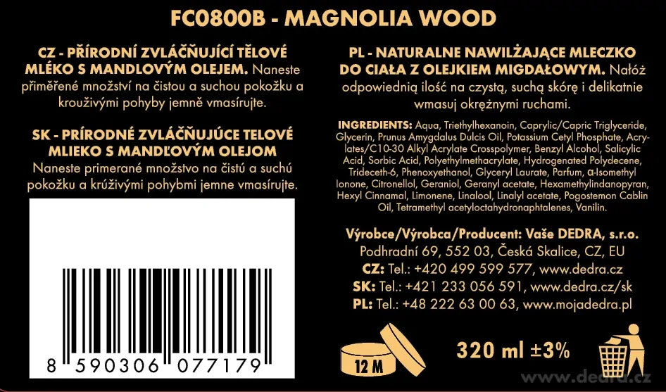 DEDRA Přírodní zvláčňující tělové mléko , MAGNOLIA WOOD, 320 ml