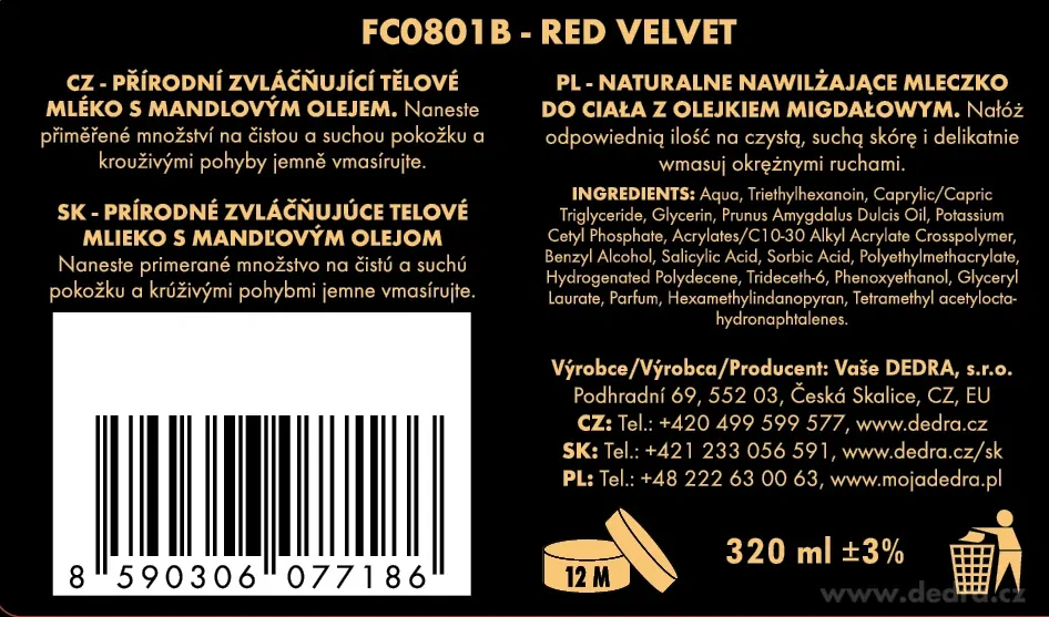DEDRA Přírodní zvláčňující tělové mléko , RED VELVET, 320 ml