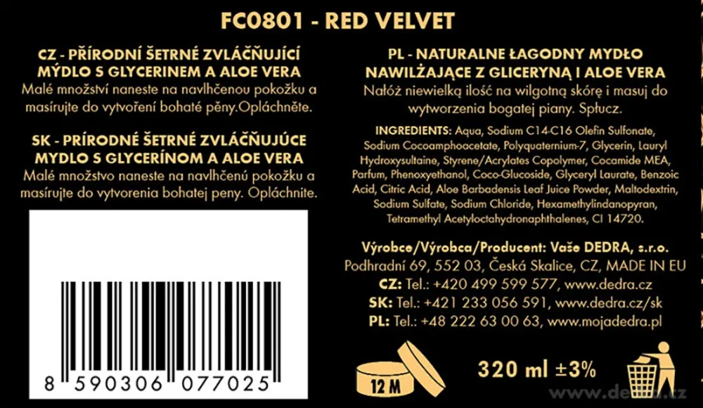 DEDRA Přírodní zvláčňující mýdlo s glycerinem a Aloe vera, RED VELVET, 320 ml