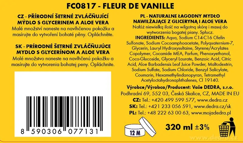 DEDRA Šetrné tekuté mýdlo s glycerinem & Aloe vera, FLEUR DE VANILLE, 320 ml