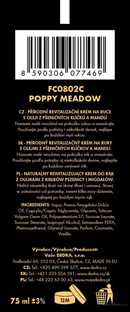 DEDRA Přírodní krém na ruce, POPPY MEADOW, 75 ml