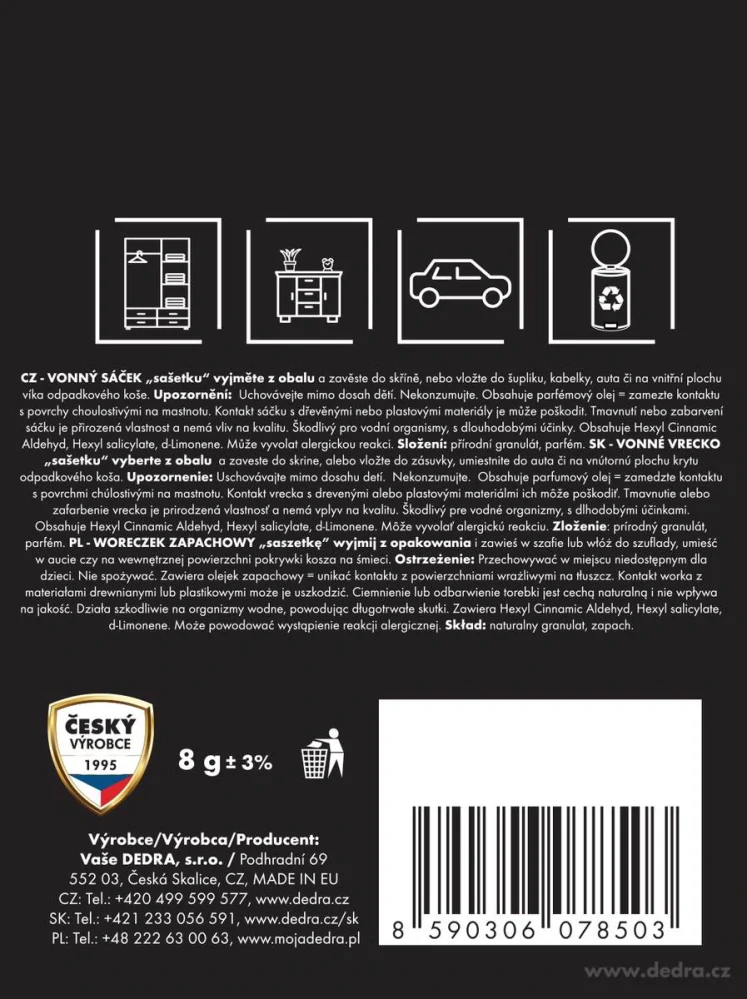 DEDRA Vonný sáček - sašetka, SAMETOVÁ HRUŠKA, PARFUMIA®, 8 g