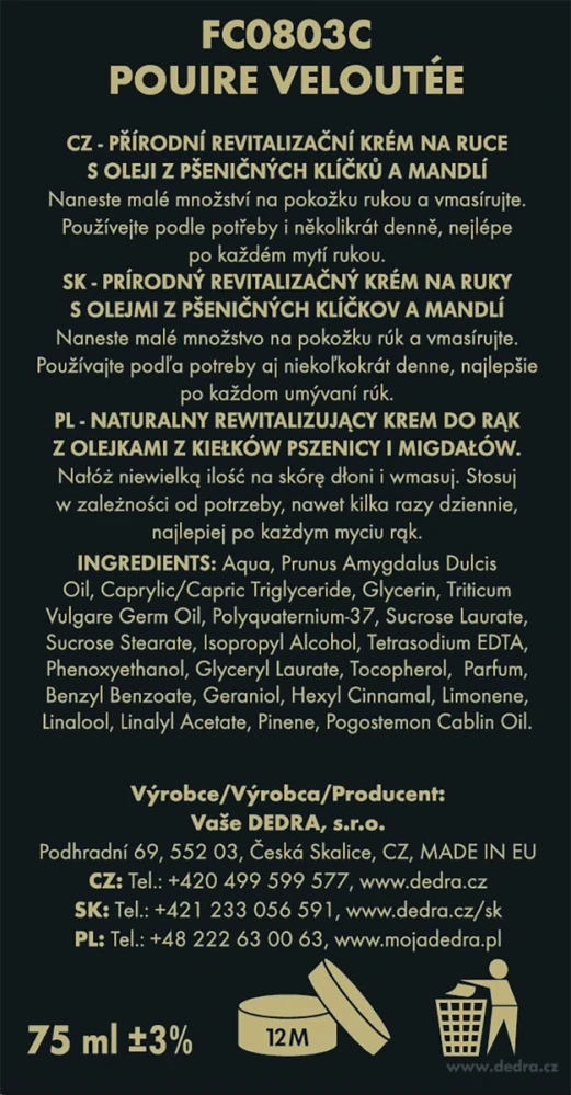 DEDRA Přírodní krém na ruce, SAMETOVÁ HRUŠKA, 75 ml