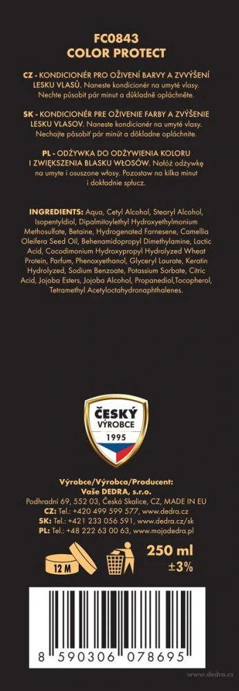 DEDRA Šetrný kondicionér pro barvené vlasy, COLOR PROTECT, 250 ml
