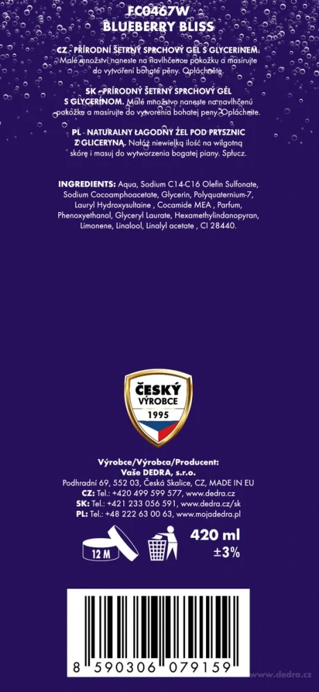 Dedra Přírodní šetrný sprchový gel s glycerinem BLUEBERRY BLISS, 420 ml