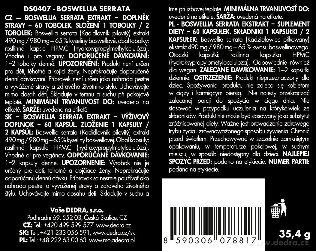 DEDRA BOSWELLIA SERRATA 490 mg, 65 % kyseliny boswellové, 60 kapslí,