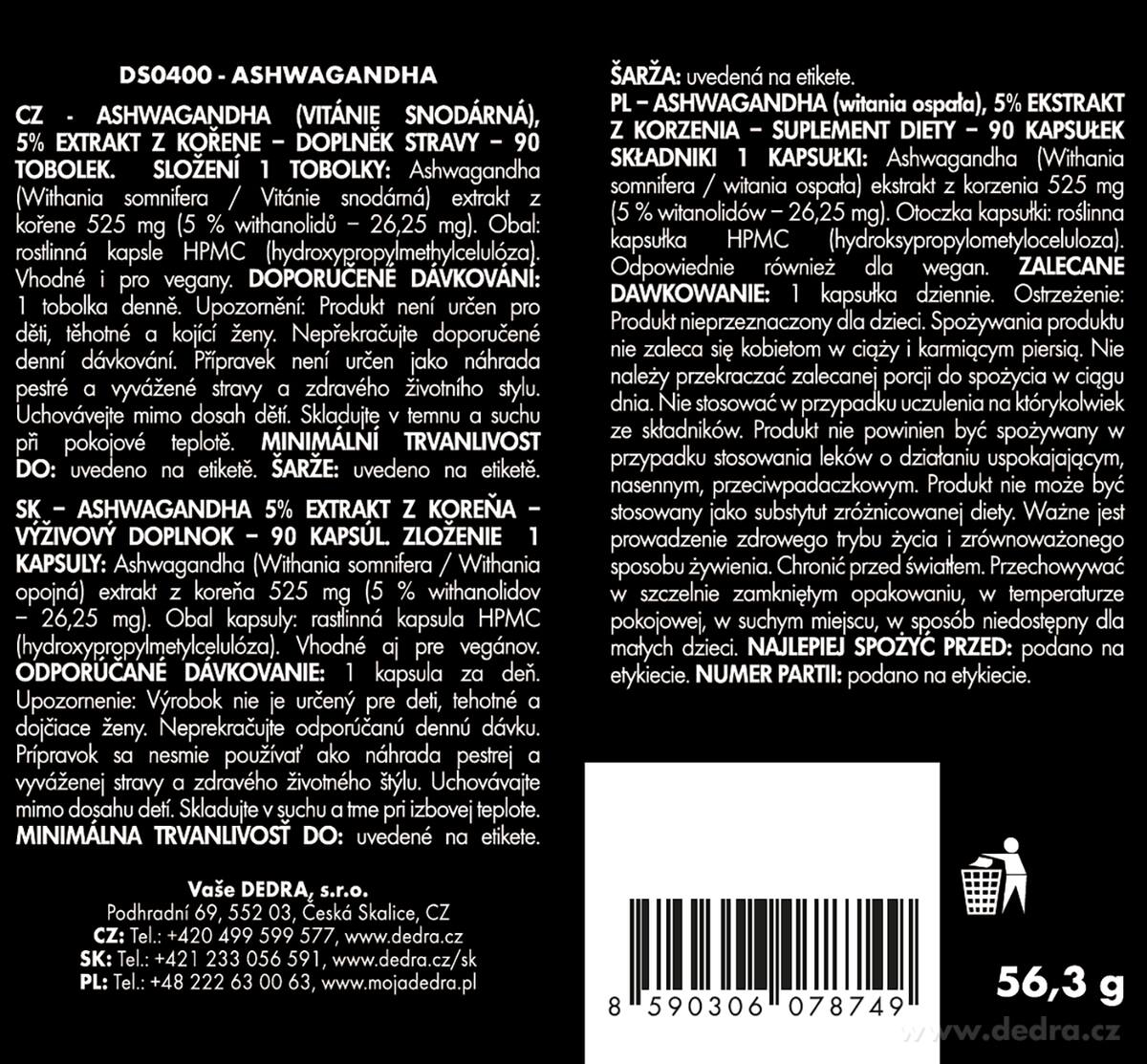 DEDRA ASHWAGANDHA 525 mg s 5 % withanolidů, doplněk stravy 90 kapslí