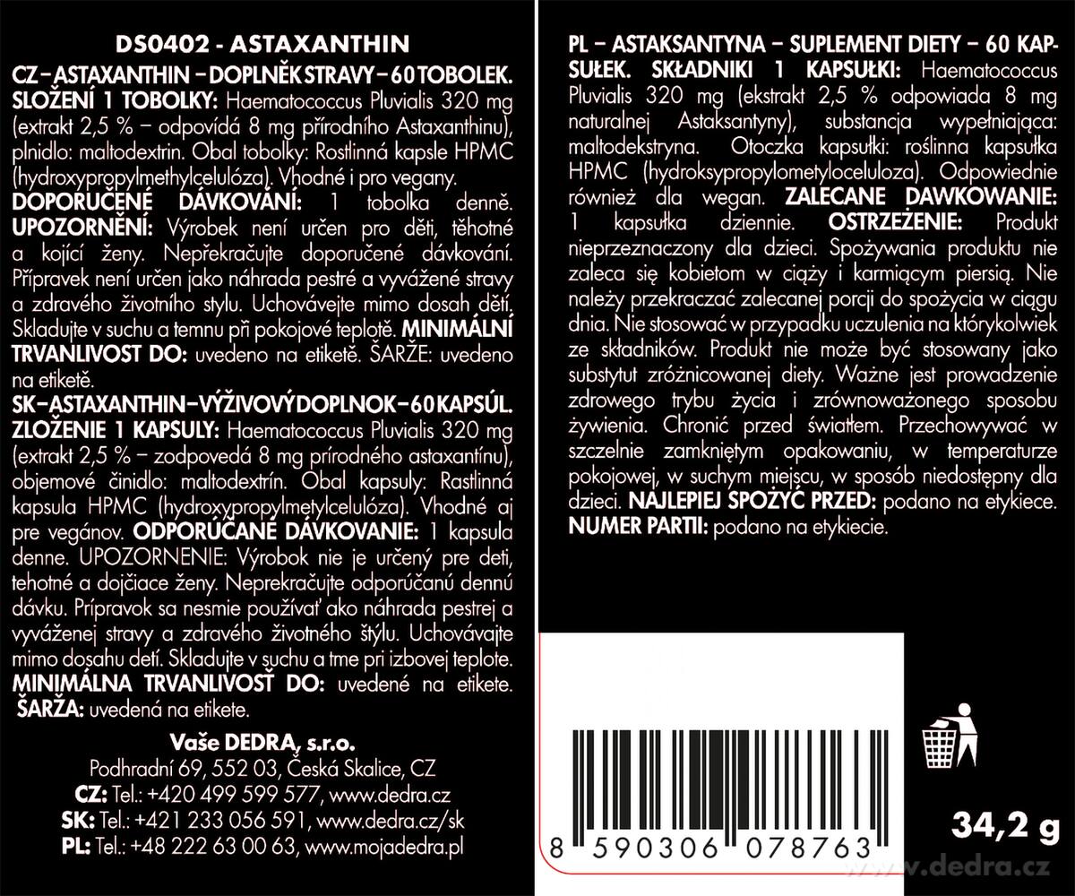 Dedra ASTAXANTHIN organic 8 mg, doplněk stravy 60 kapslí