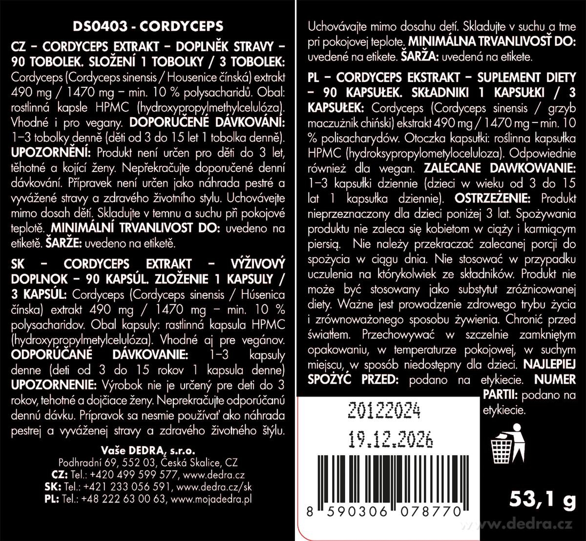 Dedra CORDYCEPS 490 mg, doplněk stravy 90 kasplí