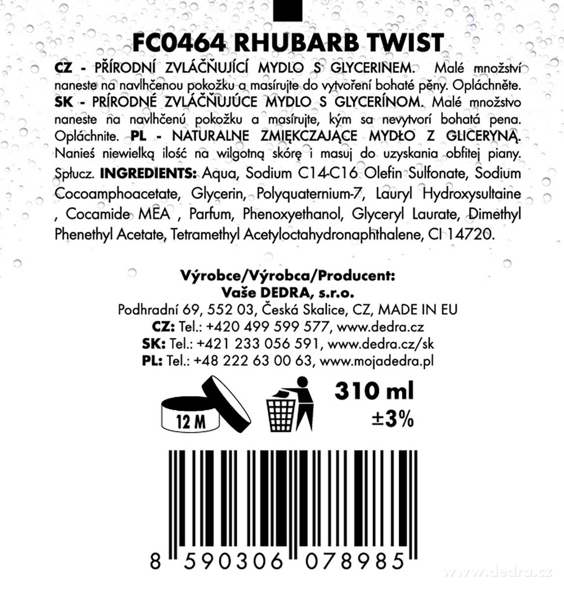 DEDRA Přírodní šetrné tekuté mýdlo s glycerinem RHUBARB TWIST 310 ml