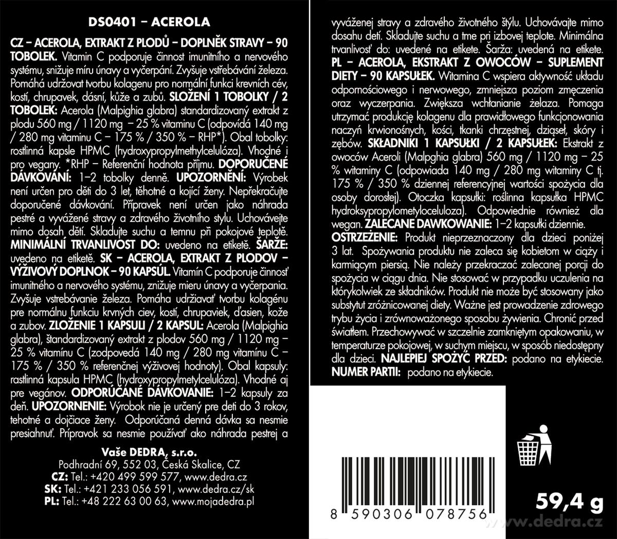 Dedra ACEROLA přírodní VITAMÍN C, extrakt z plodů 560 mg, 90 kapslí