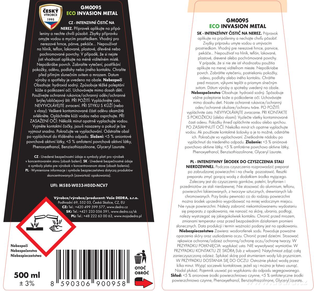 DEDRA ECO INVASION METALIC čistič na nerezové připálené hrnce 500 ml