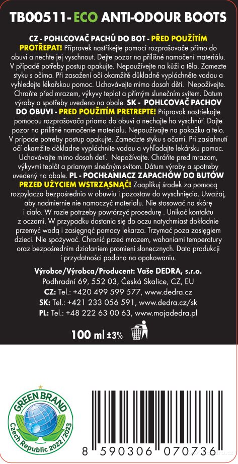DEDRA EKO pohlcovač pachů z obuvi ECO BOOTS SPRAY, 100 ml