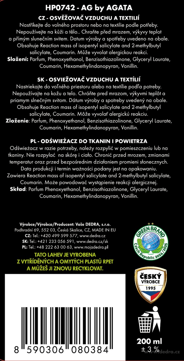 DEDRA Osvěžovač vzduchu a textilií AG by AGATA, 200 ml