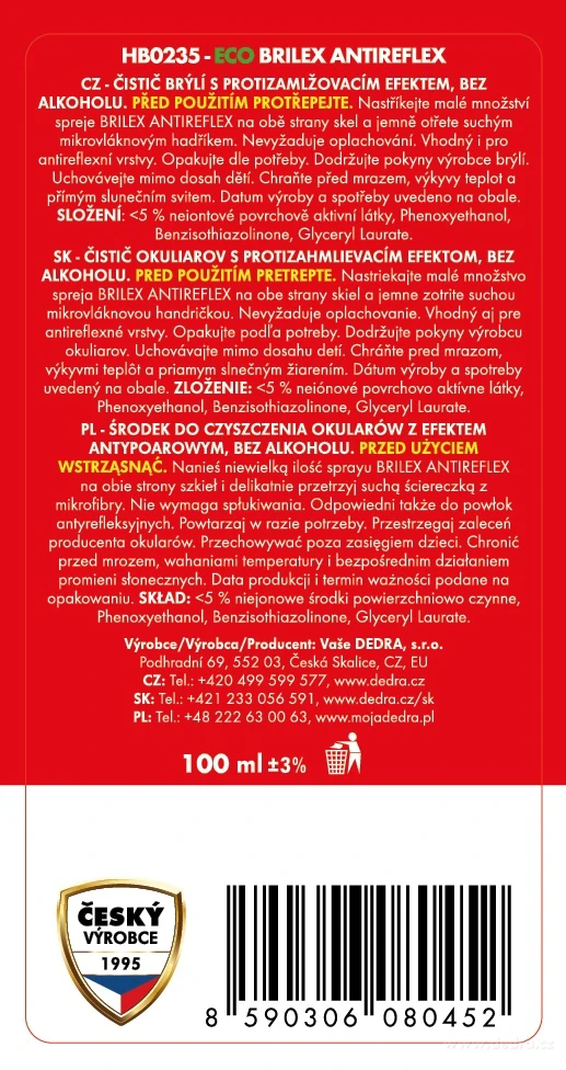 DEDRA ANTIREFLEX BRILEX® čisticí sprej na brýle s antireflexní úpravou & UV filtrem,30 ml