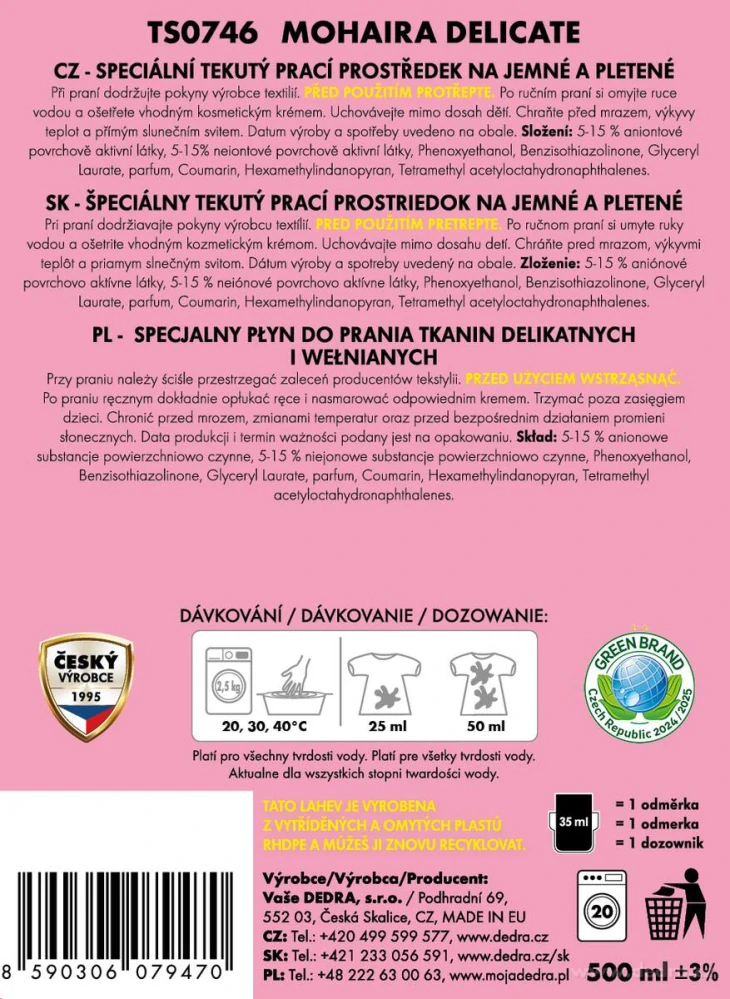 DEDRA MOHAIRA DELICATE Prací gel na jemné & pletené prádlo 500 ml = 20 praní
