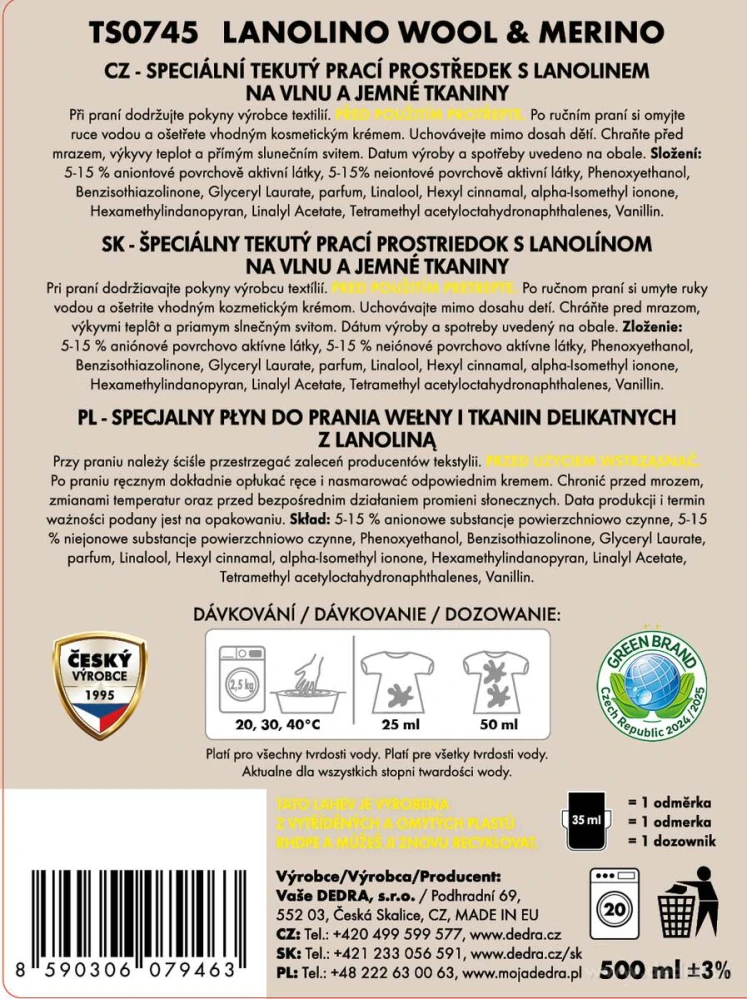 DEDRA LANOLINO prací gel na ovčí vlnu & jemné prádlo 500 ml - 20 praní