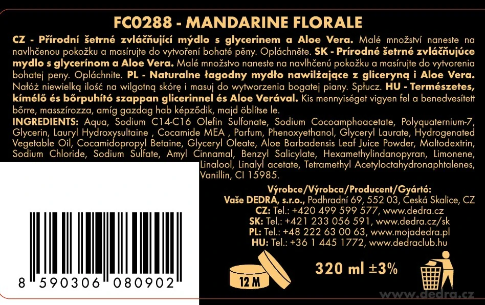 DEDRA Přírodní zvláčňující mýdlo s glycerinem a Aloe vera, MANDARINE FLORALE , 320 ml