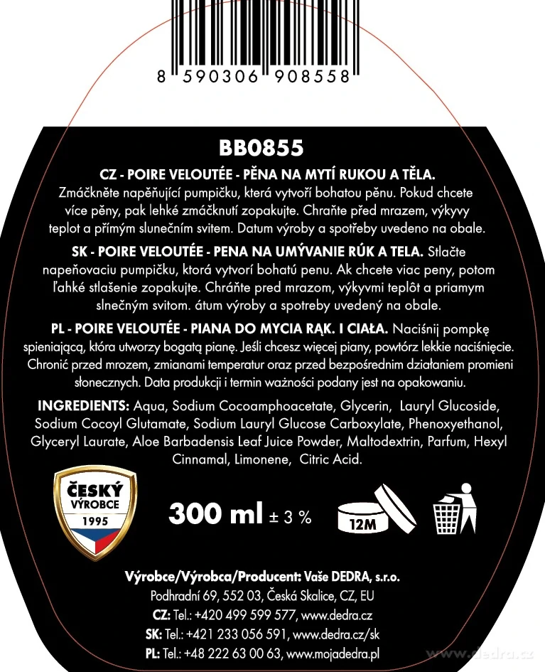 DEDRA Pěnové mýdlo na ruce i tělo SAMETOVÁ HRUŠKA 300 ml