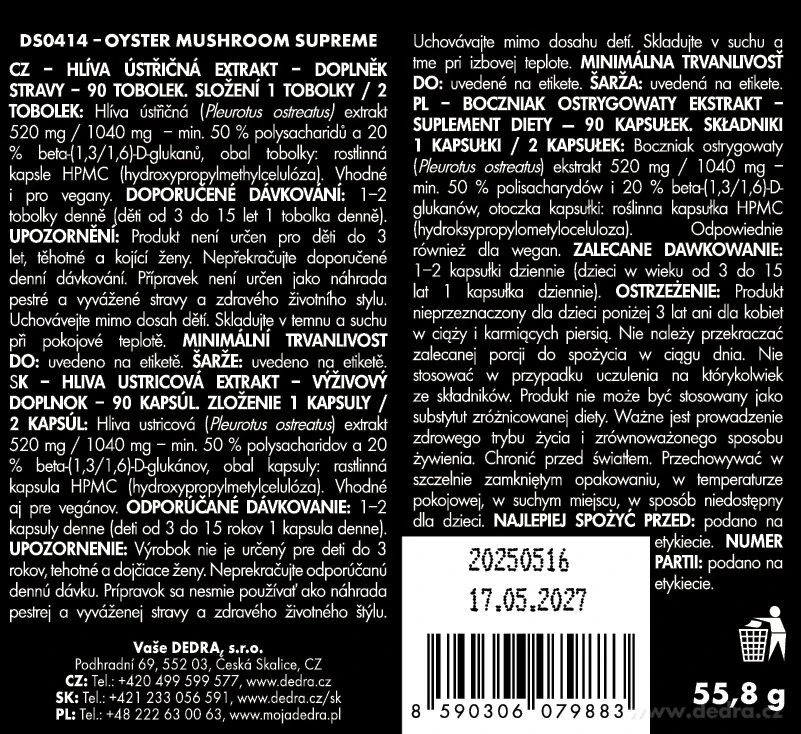 DEDRA HLÍVA ÚSTŘIČNÁ SUPREME 520 mg, 50 % polysacharidů a 20 % beta-glukanů, 90 kapslí