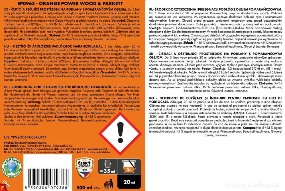 DEDRA ORANGE POWER WOOD & PARKET,  500 ml, 25 mytí