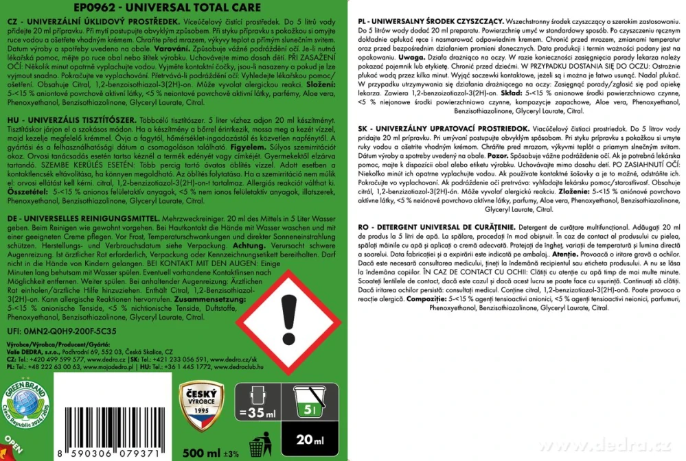 DEDRA TOTAL CARE UNIVERSAL, 500 ml, 25 mytí