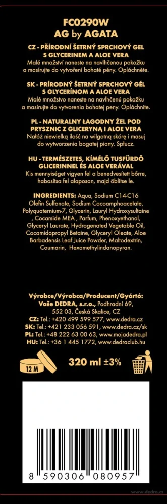DEDRA Přírodní sprchový gel s glycerinem a Aloe vera, AG by AGATA, 320 ml
