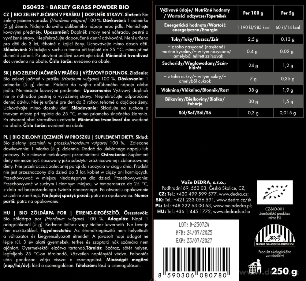 DEDRA BIO ZELENÝ JEČMEN  prášek 250g