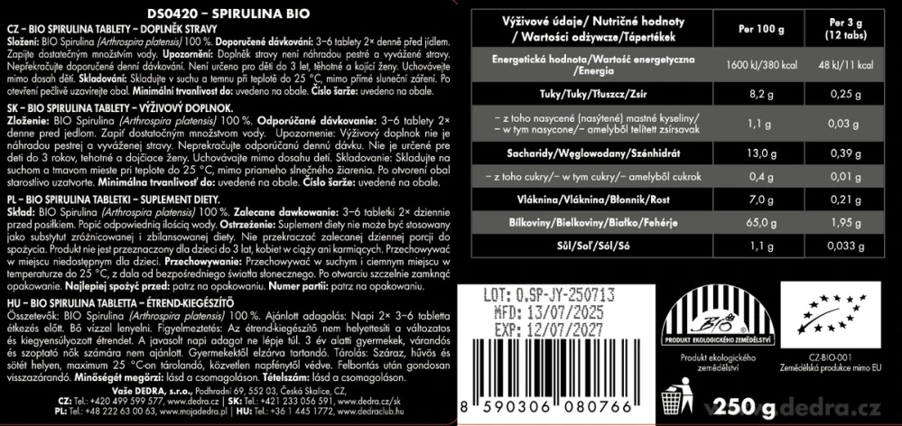 DEDRA BIO SPIRULINA 1000 tablet x 250 mg. 250 g