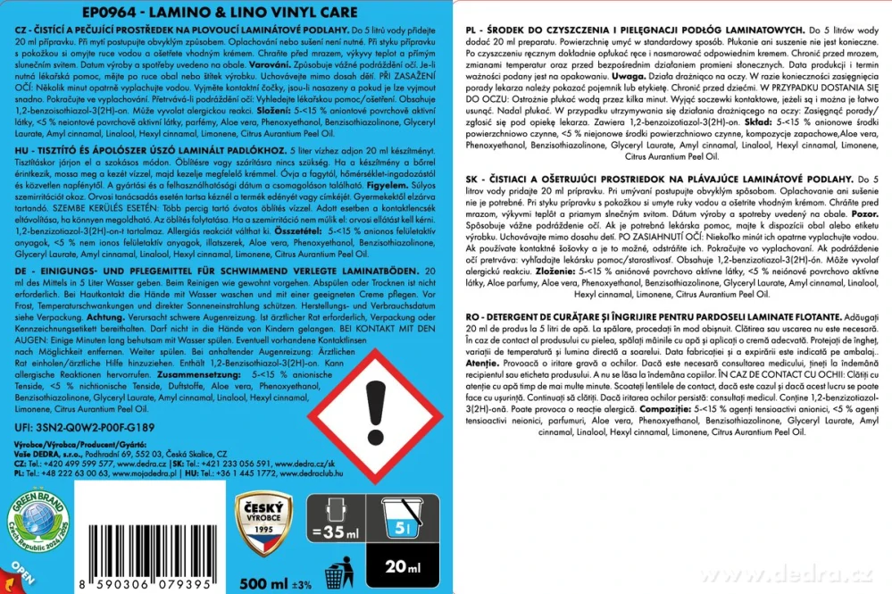 DEDRA LAMINO & LINO VINYL CARE  500 ml, 25 mytí