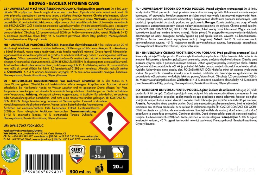 DEDRA BACILEX HYGIENIC FLOOR CARE, 500 ml, 25 mytína podlahy 