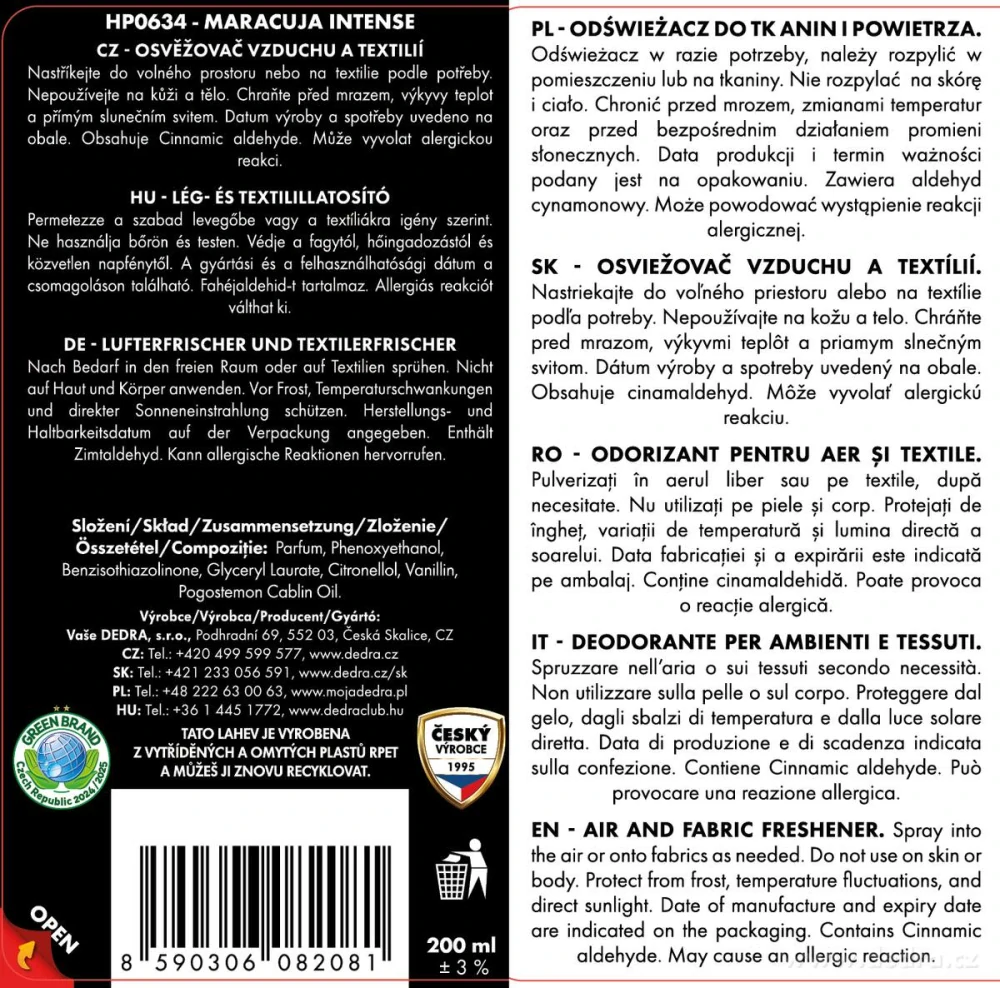 DEDRA Osvěžovač vzduchu a textilií MARACUJA INTENSE, 200 ml