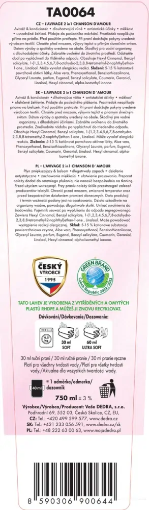 DEDRA Avivážní kondicionér, CHANSON D’AMOUR, L'AVIVAGE®, 750 ml