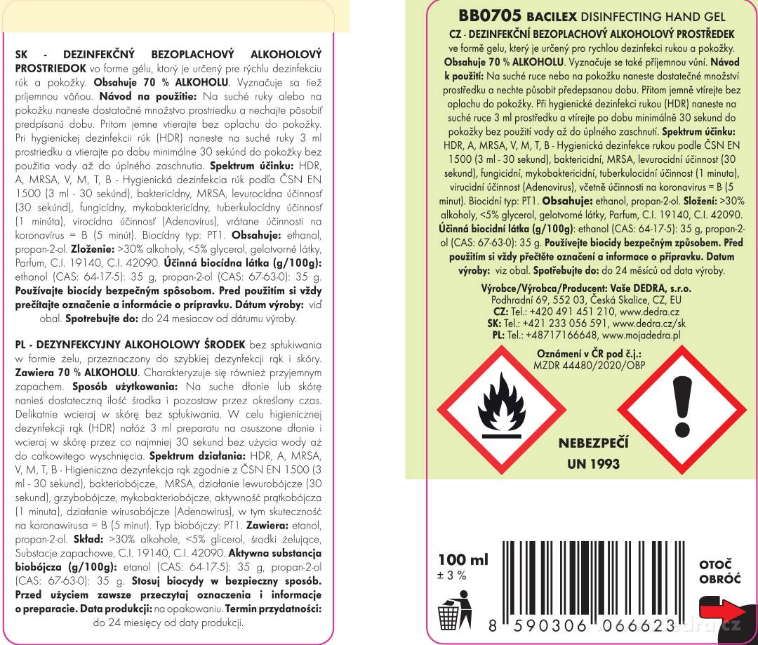DEDRA Certifikovaný dezinfekční gel na ruce, 70 % alkoholu, BACILEX® 100 ml