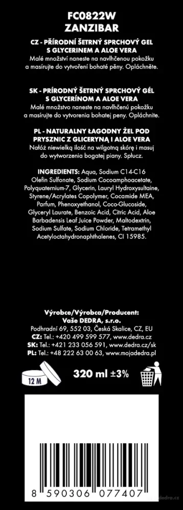 DEDRA Přírodní sprchový gel s glycerinem a Aloe vera, ZANZIBAR, 320 ml