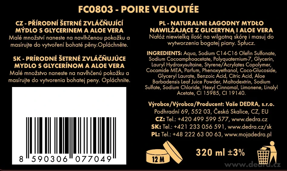 DEDRA Přírodní zvláčňující mýdlo s glycerinem a Aloe vera, SAMETOVÁ HRUŠKA, 320 ml