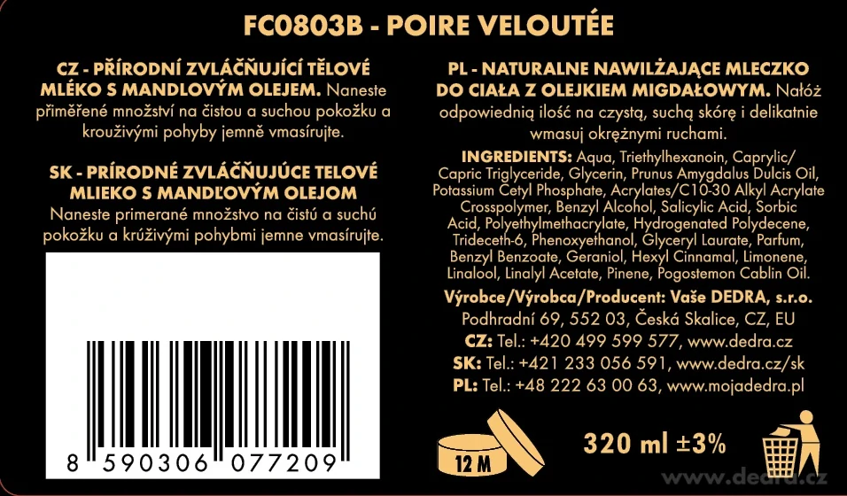 DEDRA Přírodní zvláčňující tělové mléko , SAMETOVÁ HRUŠKA, 320 ml