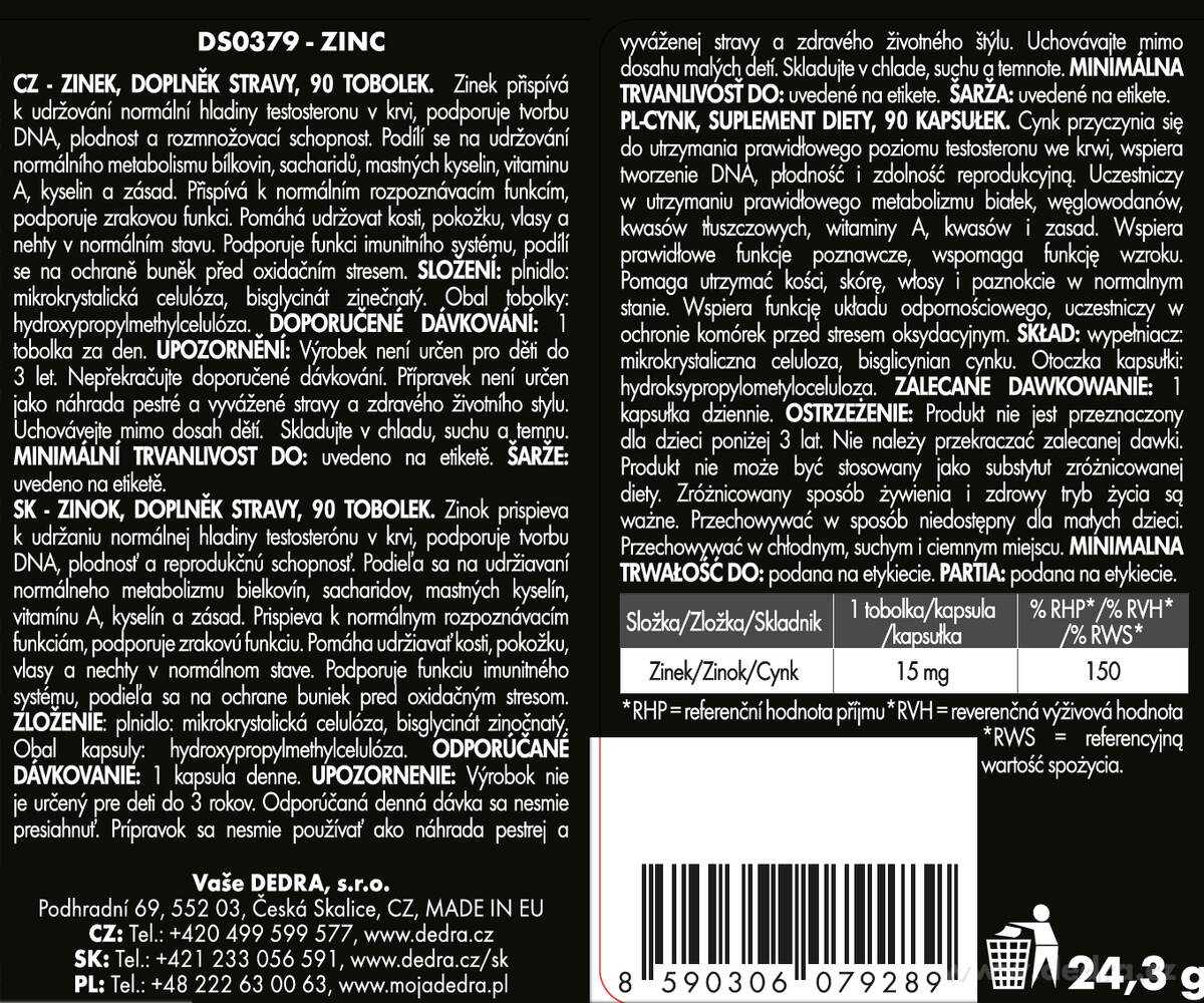 DEDRA ZINEK BISGLYCINÁT 15 mg 90 kapslí