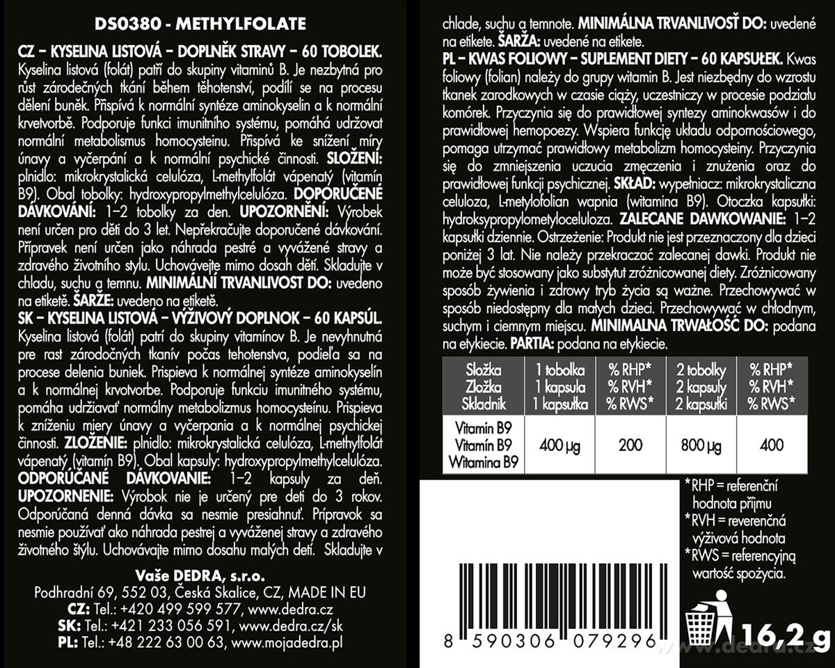 DEDRA METHYLFOLATE - KYSELINA LISTOVÁ 400 μg, doplněk stravy 60 kapsli