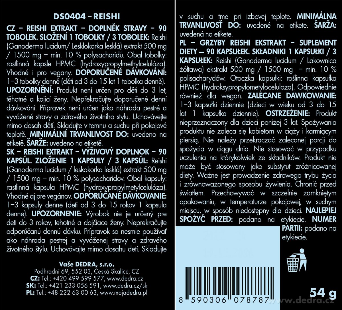 Dedra  REISHI 500 mg, doplněk stravy 90 kapslí