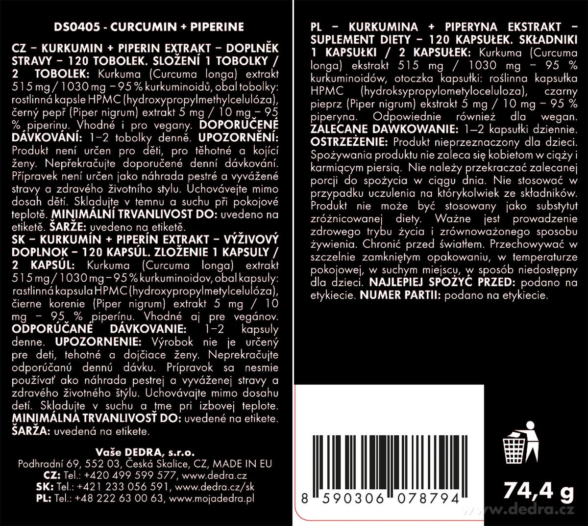 Dedra CURCUMIN + PIPERINE 515 mg, doplněk stravy 120 kapslí