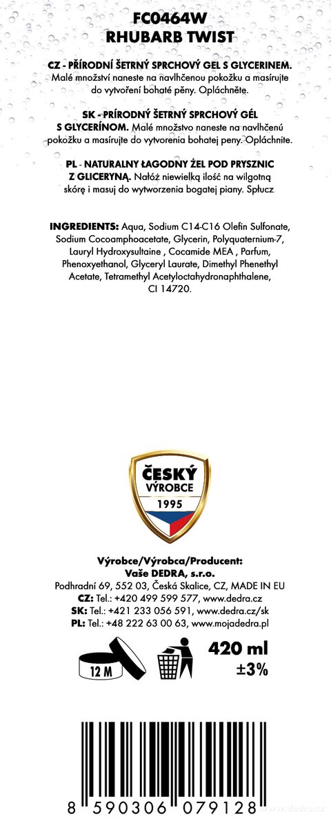 Dedra Přírodní šetrný sprchový gel s glycerinem RHUBARB TWIST 420 ml