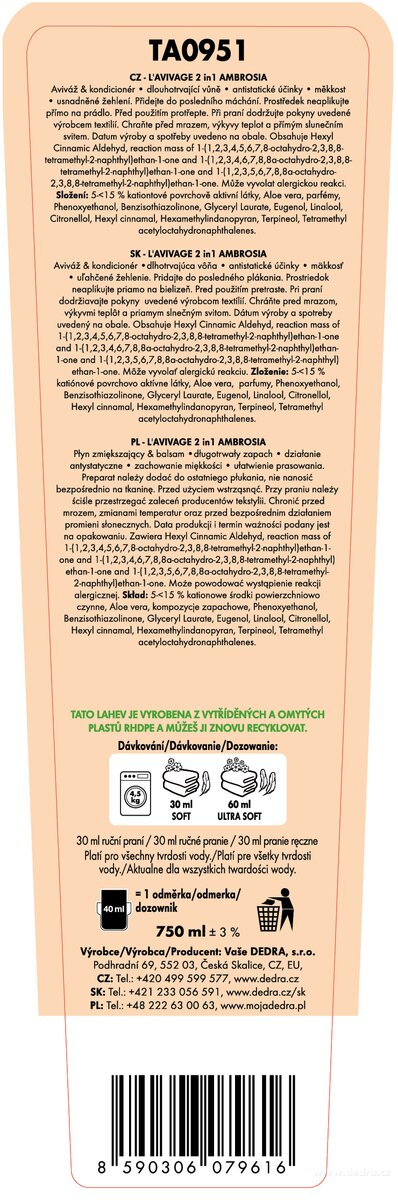 DEDRA Avivážní kondicionér, AMBROSIA, L'AVIVAGE®, 750 ml