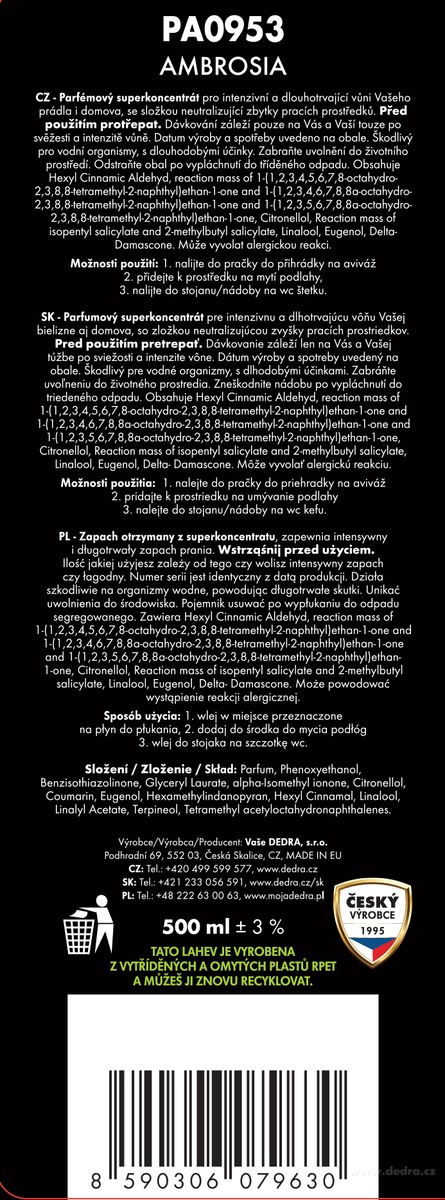 DEDRA Parfém na praní a úklid PARFUMAGE® AMBROSIA, 500 ml