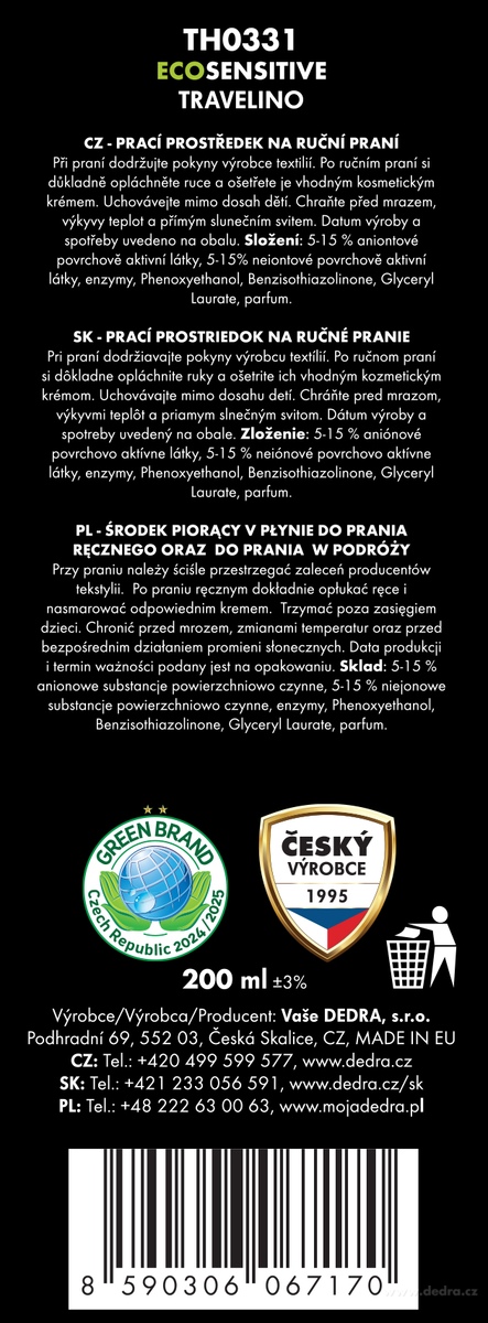 Dedra TRAVELINO,EKO gel na ruční praní na cestách i doma 200 ml