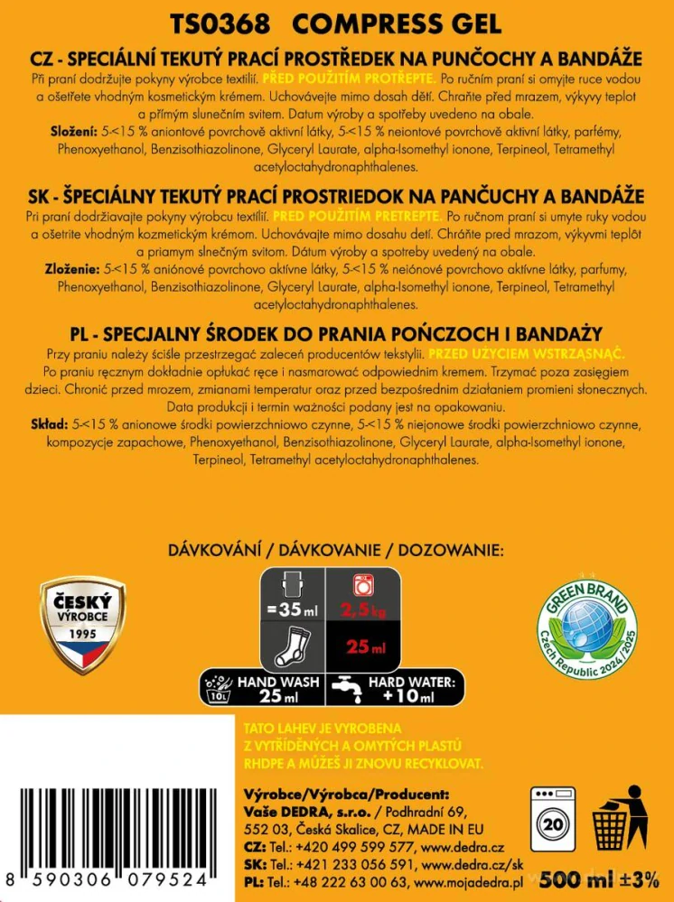 DEDRA COMPRESS gel na praní kompresních punčoch, bandáží & ortéz 500 ml= 20 praní
