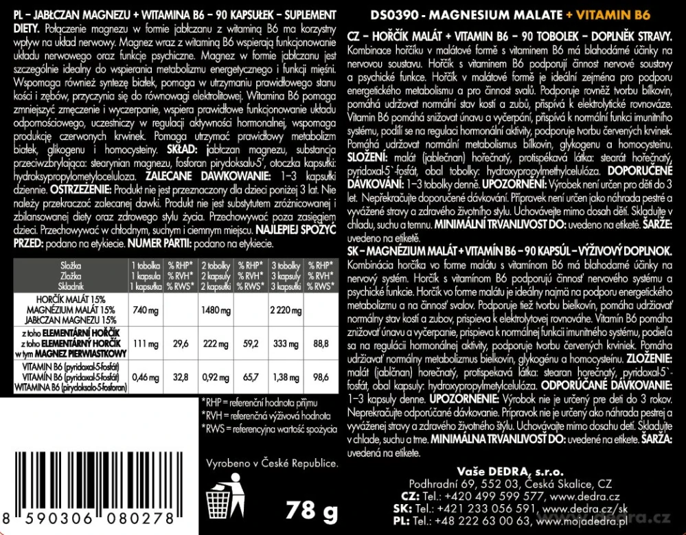DEDRA MAGNESIUM MALÁT 740 mg & VITAMIN B6 energie & proti únavě,90 kapslí